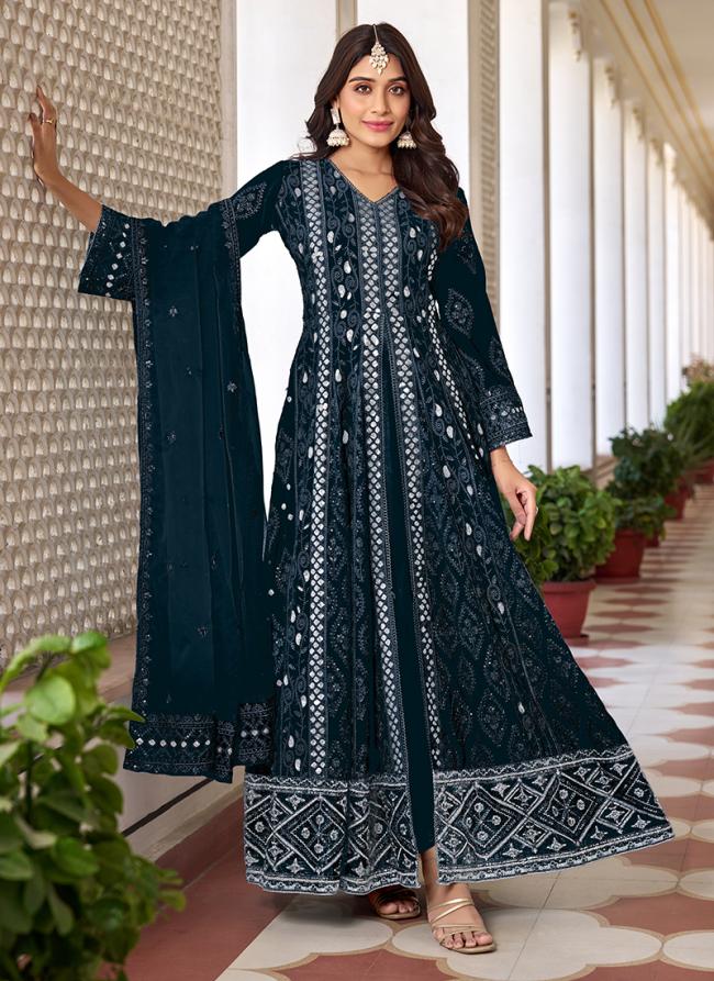 Faux Georgette Navy Blue Eid Wear Embroidery Work Anarkali Suit